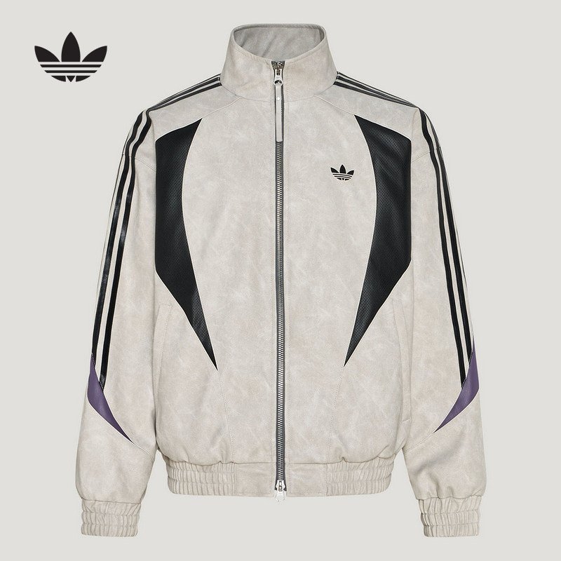 adidas阿迪达斯三叶草撞色外套2026秋男街头风潮酷PU夹克 KX0814