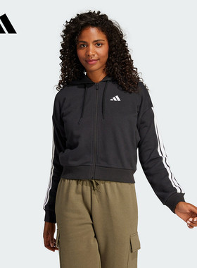 adidas阿迪达斯毛圈布外套拉链连帽衫2025秋女针织夹克 JE0052