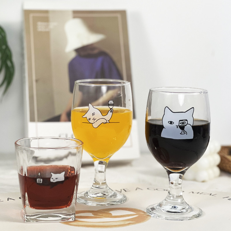 和你的小猫一起干杯 猫咪玻璃葡萄酒杯咖啡杯高脚杯 350ml