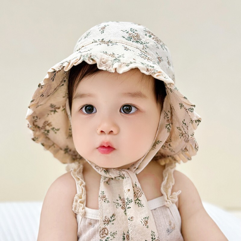 婴儿帽子春秋款复古碎花纯棉渔夫帽春夏防晒洋气大檐女宝宝遮阳帽