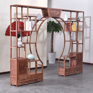 仿古家具中式实木明清月洞门博古架榆木拱门客厅隔断多宝阁定制