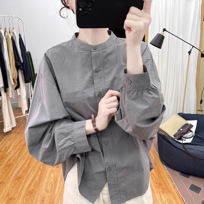 1106春季设计感纯棉小立领长袖衬衫女宽松上衣2025新款打底衬衣