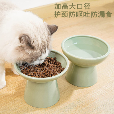 高脚大口径陶瓷猫碗护颈猫食盆防黑下巴猫咪喝水碗增高平口猫