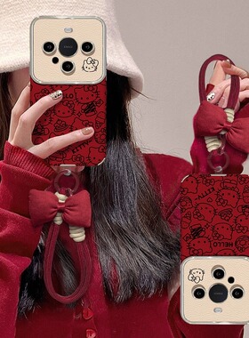 适用华为mate80pro手机壳红色2026新年女款mate60/70大视窗羊皮pura80pro满屏kt猫挂绳电镀p40小众高级防摔套