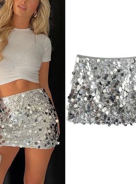High waisted short casual sequin skirt纯色高腰短款休闲亮片裙
