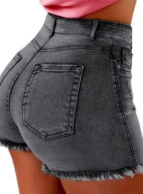 Casual high waisted fringed denim shorts高腰修身毛边牛仔短裤