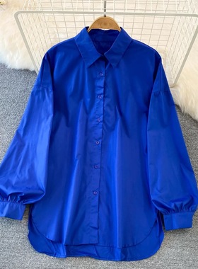 Solid color lantern sleeve mid length shirt纯色灯笼袖衬衫女