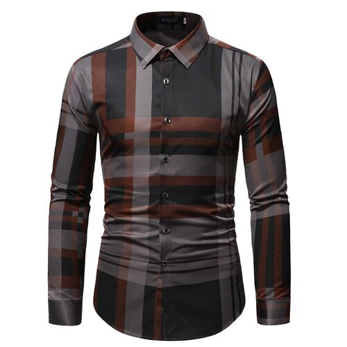 Long sleeved slim fit checkered shirt休闲长袖修身格子衬衫男