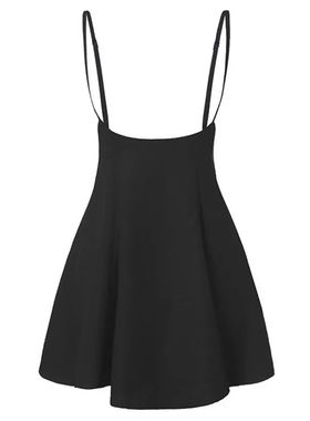 Horn shaped pleated shoulder strap skirt纯色喇叭形百褶背带裙