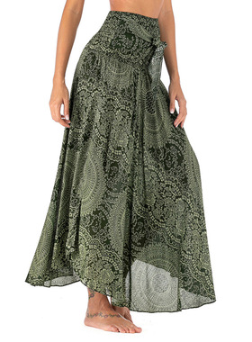 Printed drawstring casual large swing skirt 印花休闲大摆裙女