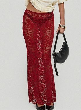 Solid color lace see through fishtail dress 蕾丝透视鱼尾长裙