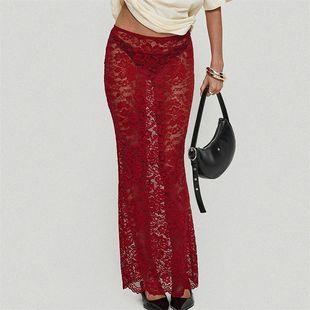 see lace through fishtail 蕾丝透视鱼尾长裙 Solid dress color