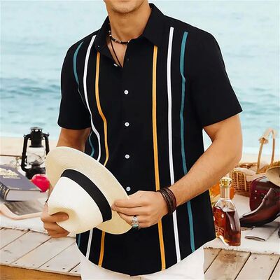 3D digital printed striped casual shirt3D数码印花条纹衬衫男