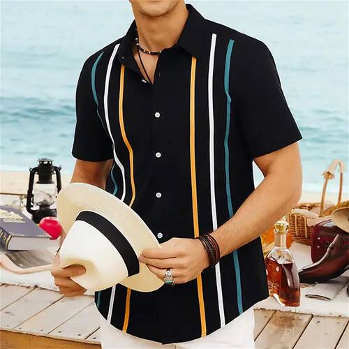 3D digital printed striped casual shirt3D数码印花条纹衬衫男