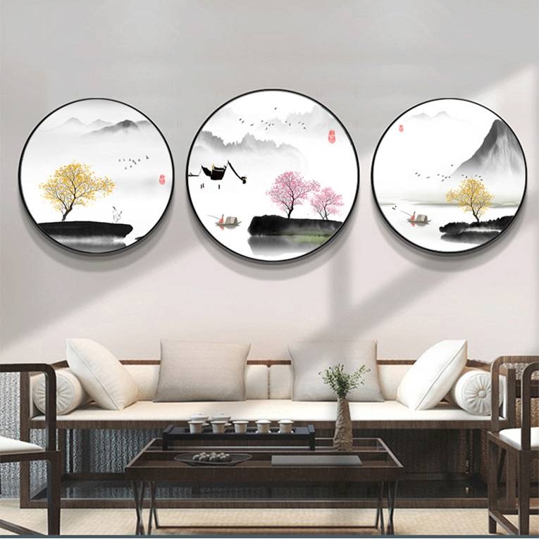 新中式玄关装饰画圆客厅禅意山水挂画中国风风水壁画过道走廊圆形图片