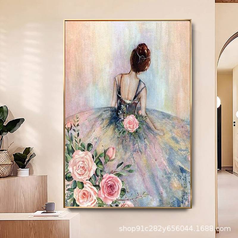 纯手绘油画【玫瑰少女】客厅玄关餐厅装饰画走廊过道人物手工挂画图片