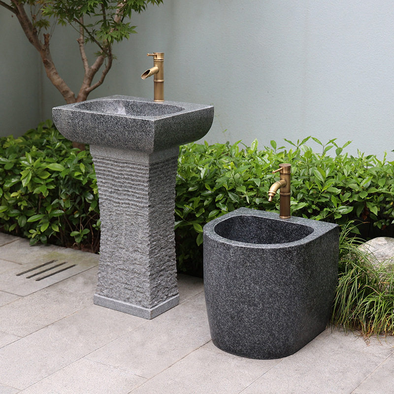 大理石洗手台盆庭院子水池家用阳台天然石头立柱户外水槽露台别墅