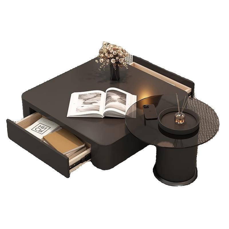 轻客奢岩板组合茶几小户型现代简约厅家用色极意简式方黑GOS形岩