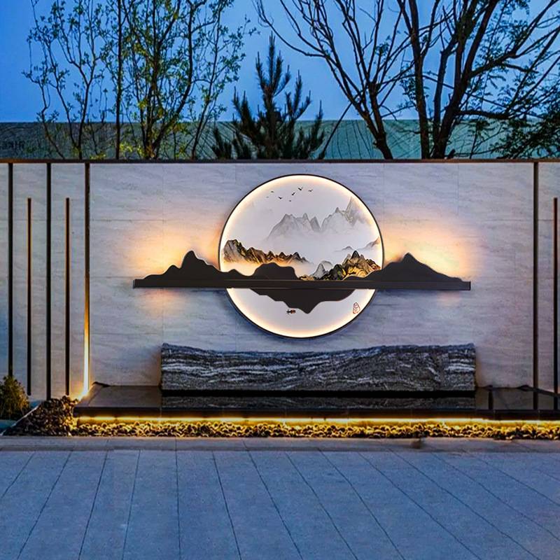户外壁灯防水太阳能新中式别墅庭院灯室外影壁墙景观山水画装饰灯图片