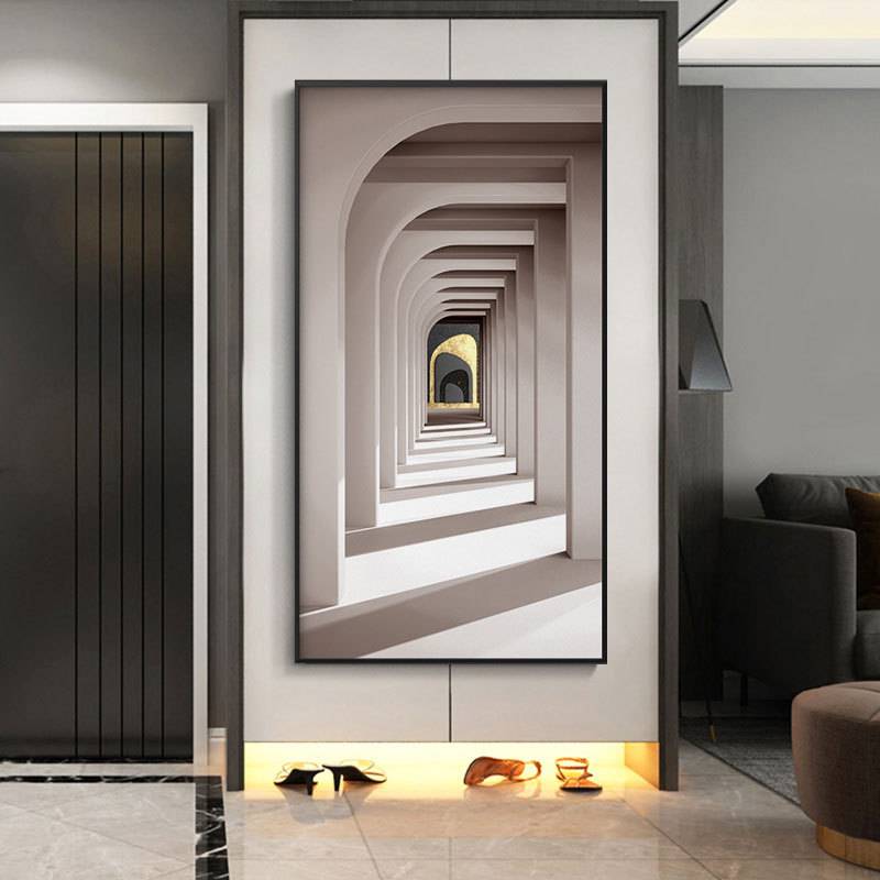 工业风空间延伸入户玄关装饰画立体建筑走廊挂画超长竖版过道壁画图片