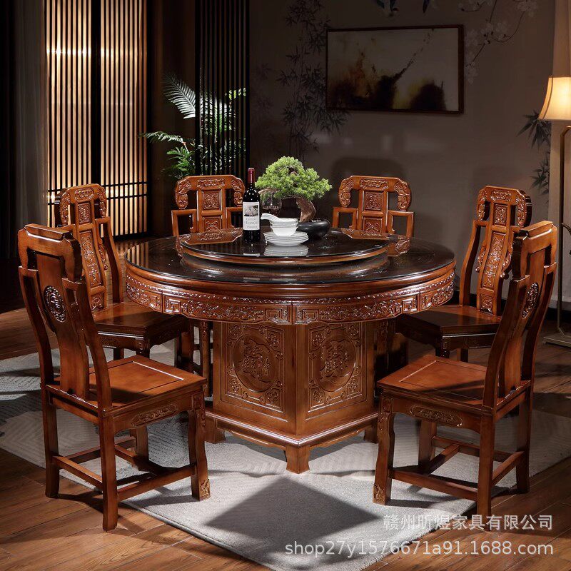 全实木餐桌桌椅组合新中式仿古桌酒店家用大小户型带实木转盘餐桌