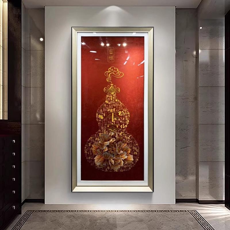 新中式牡丹平安百福刺绣玄关挂画现代苏绣进门过道走廊苏绣装饰画图片