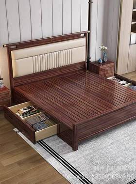 新中式乌金木大代床全实木现简约风奢1轻.NSIm卧室主卧软8包双人