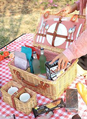 手工编织野餐篮带餐具户外拍野营篮PBS聚餐手提带盖纳箱野炊摄道