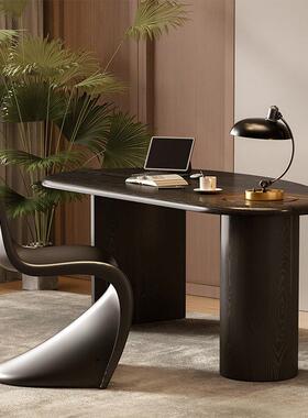 意式UKF实木桌桌轻奢极简设计感办公黑色风弧书形电脑桌中古客厅