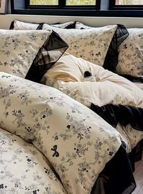 法式赫本20用25新款古全棉四件套纯棉复花卉黑色EDR花边被套床风