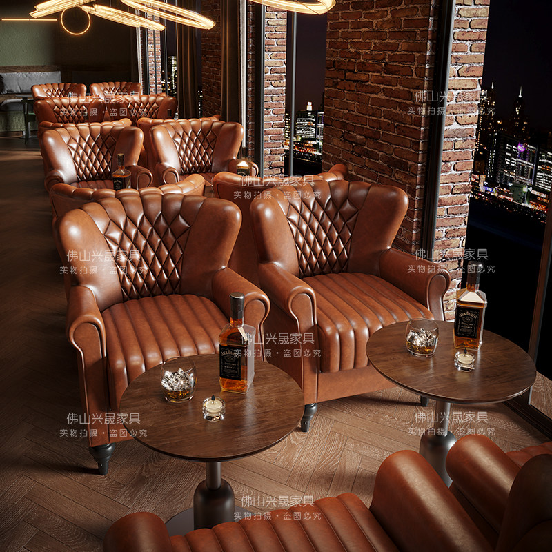 复古咖啡厅桌椅实木威士忌吧沙发工D业风酒吧清吧音乐餐吧座椅组
