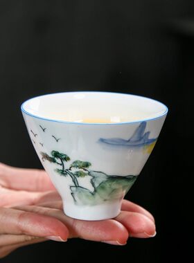 纯手工绘画茶杯白瓷斗笠杯陶瓷茶具品茗杯L青花茶盏小杯子礼盒套