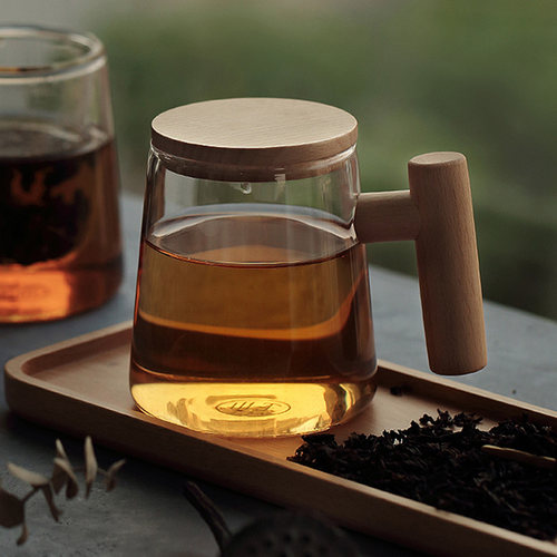 日式茶水分离玻璃杯茶杯家用办公C室泡茶杯实木柄带盖马克杯子男