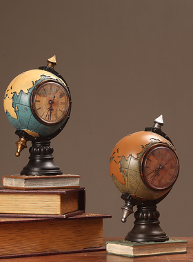美式复古地d球仪摆钟家居客厅电视柜玄关座钟表办公室装饰品摆件