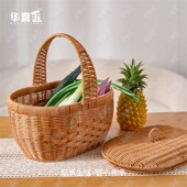 W885椭圆带盖大容量u手提篮编织收纳户外野餐郊游果蔬菜