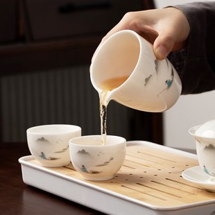 家用盖碗茶杯U户外旅游便携式 金镶玉羊脂玉白瓷旅行功夫茶具套装