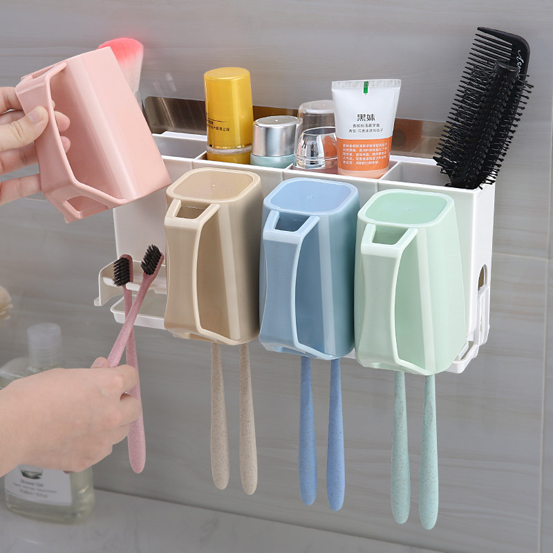 卫生间四杯牙刷架吸壁式牙刷x筒免打孔牙膏牙刷置物架漱口杯子套