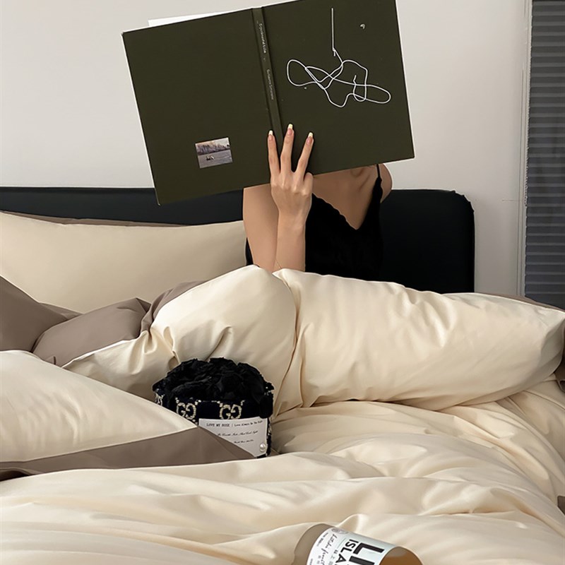 A类秋冬100S全棉磨毛四件套轻奢风纯色J加厚拼角被套床单床上用品