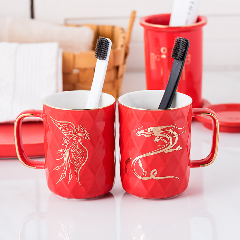 结婚陶瓷漱口杯洗漱套装一对情侣杯家用I红色刷牙杯牙缸高档四件