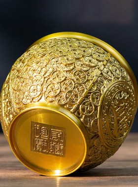 小铜记全铜黄金甲铜缸装r饰摆件黄铜米缸办公室客厅聚宝缸开业礼