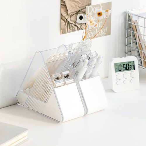 创意时尚风格三角形多功能笔筒简约韩国学生创意桌面文具盒收纳新款书桌透明斜插式笔筒大容量文具整理盒