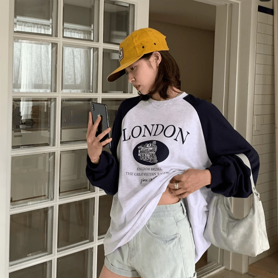 美式复古ins小众欧货时尚字母印花拼色中长款长袖T恤女秋冬打底衫