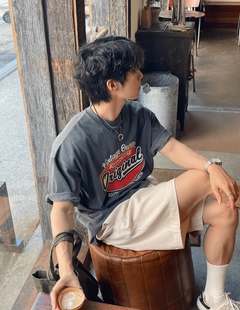 高级感复古百搭情侣上衣英文印花T恤男女款 24SS重磅纯棉短袖 美式