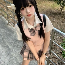 空栗鼠丸jk夏制服背心套装正版原创秋冬短袖毛衣三件套格裙学院风