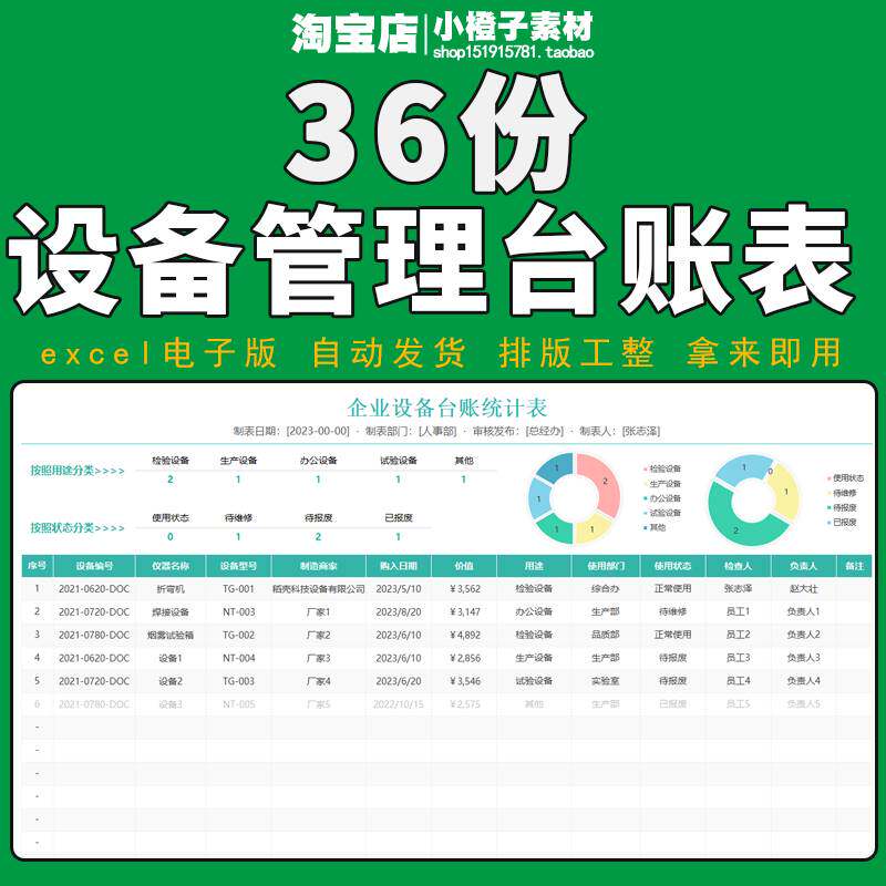 设备管理台账excel表设备统计检查维修养护购置明细登记系统表格