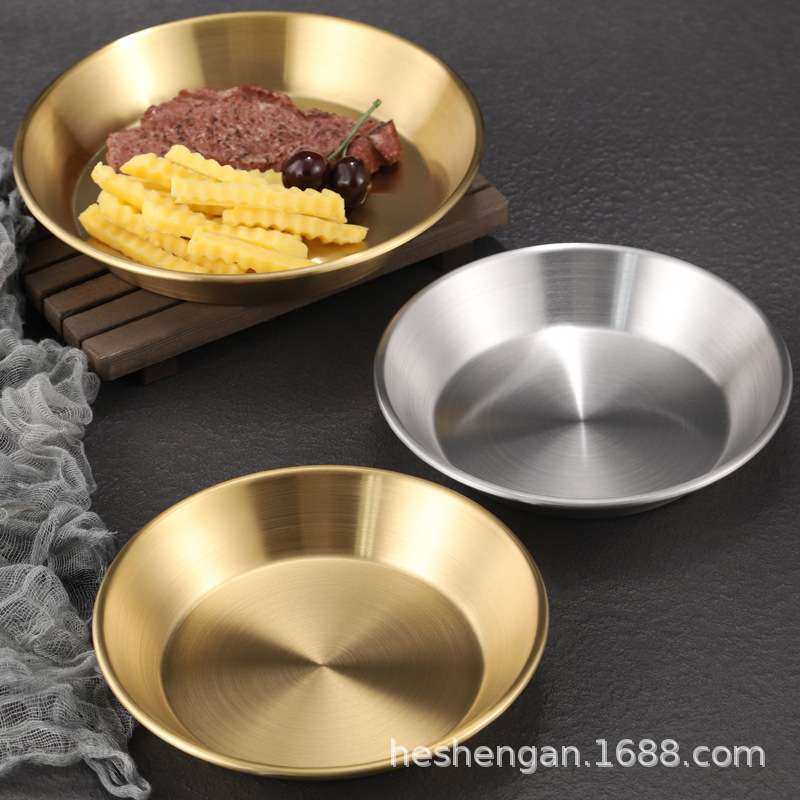 直供加厚加深韩式不锈钢披萨盘 金色大号平底糕点自助餐圆菜盘子,餐饮具,碟,淘宝优惠券,粉丝福利购,淘宝优惠卷