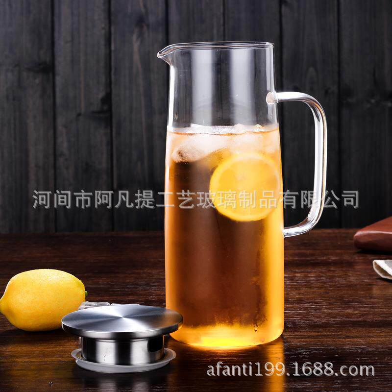 加厚凉水壶1500毫升高硼硅耐热凉水壶不锈钢带盖过滤玻璃冷水壶
