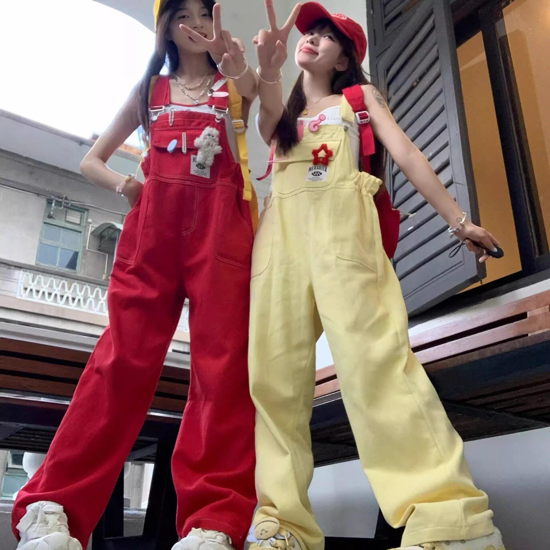 多巴胺穿搭闰蜜黄色背带裤套装女夏装日系可爱小个子直筒连体长裤