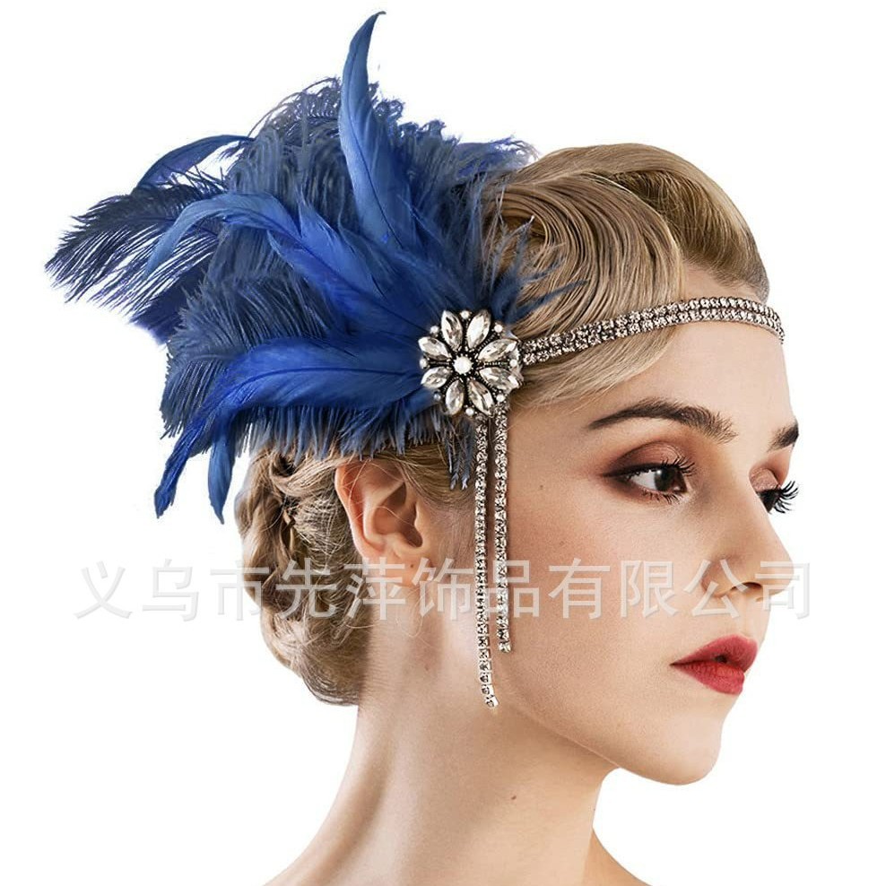 亚马逊新款镶钻流苏发带欧美新娘羽毛头饰复古舞会表演盖茨比头带
