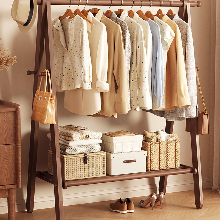 实木挂衣架落地式卧室衣帽架家用房间室内挂衣服立式木质晾衣架子